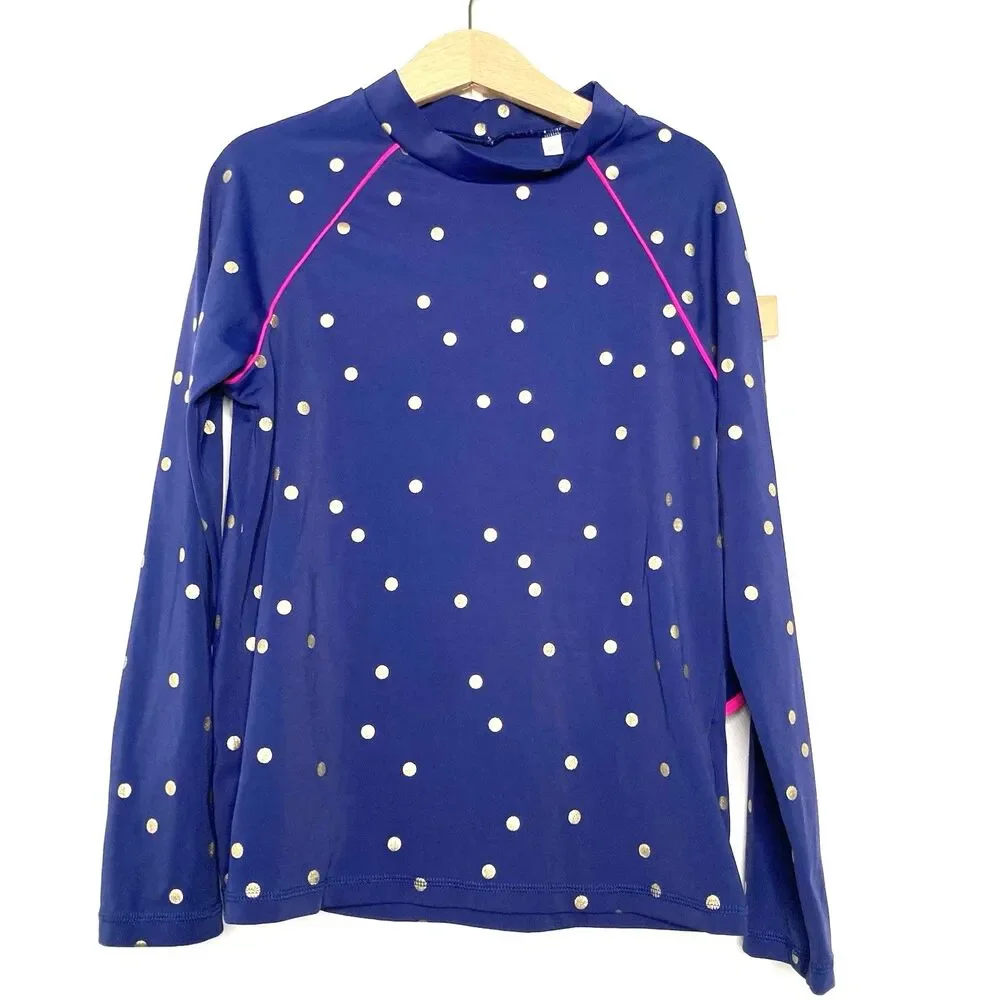Boden Rash Guard Girls 9-10Y Navy Blue Gold Polka Dot UPF 40+ Swimsuit Set